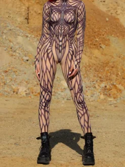 Patterned Zentai Suits Line Art Texture Women's Bodysuit 3D Printed Abstract Pattern Sexy Tight Jumpsuit