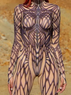 Patterned Zentai Suits Line Art Texture Women's Bodysuit 3D Printed Abstract Pattern Sexy Tight Jumpsuit