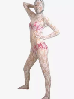 Patterned Zentai Suits Morph Suit White Transparent Lace Velvet Jacquard Zentai Suit
