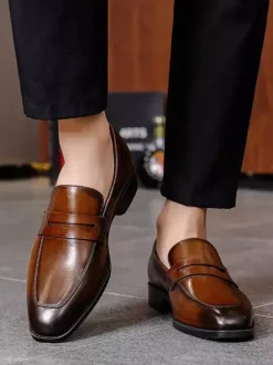 Penny Loafer Men's Round Toe Cowhide Loafer Shoes