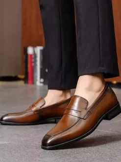 Penny Loafer Men's Round Toe Cowhide Loafer Shoes