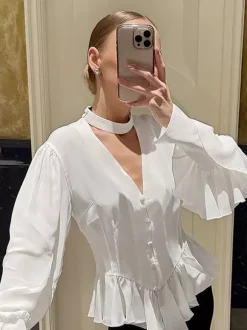 Peplum Blouse Women's Elegant White Top - Halter V Neck Lantern Sleeve Slim Fit - Spring Desk-to-Dinner 2026