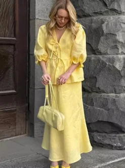 Peplum Top Maxi Skirt Set Women Elegant Two Piece Outfit - Yellow French Tie Front Puff Sleeve - Summer Beach Vacation 2026