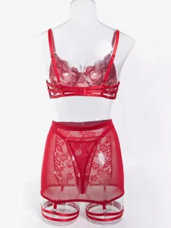 3-Piece Burgundy Lingerie Lace Floral Dark Navy Bra Panty Garter Skirt Sets For Valentine's Day