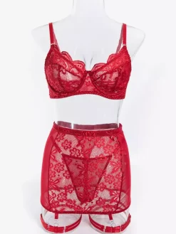 3-Piece Burgundy Lingerie Lace Floral Dark Navy Bra Panty Garter Skirt Sets For Valentine's Day