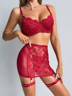 3-Piece Burgundy Lingerie Lace Floral Dark Navy Bra Panty Garter Skirt Sets For Valentine's Day