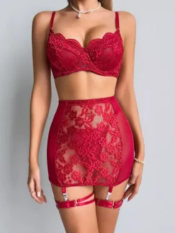 3-Piece Burgundy Lingerie Lace Floral Dark Navy Bra Panty Garter Skirt Sets For Valentine's Day