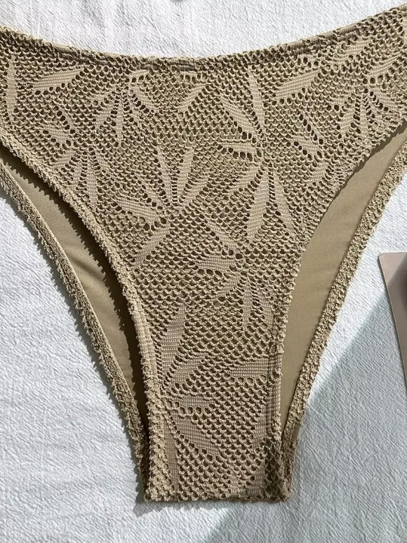 3-Piece Leaf Crochet Lace Bikini With Sarong Wrap Skirt