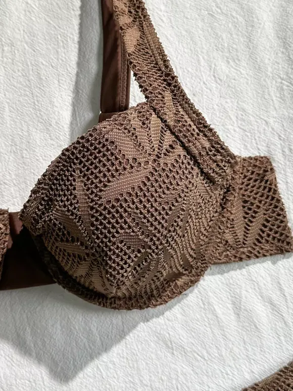 3-Piece Leaf Crochet Lace Bikini With Sarong Wrap Skirt