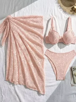 3-Piece Leaf Crochet Lace Bikini With Sarong Wrap Skirt