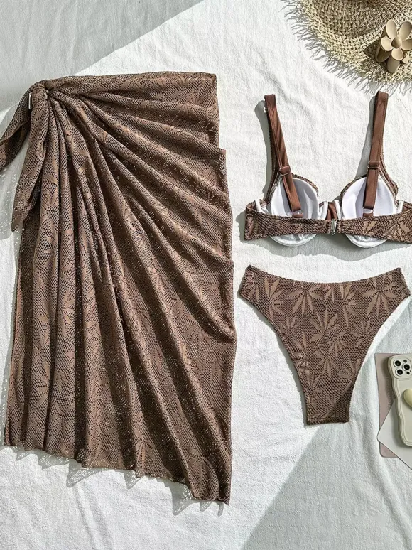 3-Piece Leaf Crochet Lace Bikini With Sarong Wrap Skirt