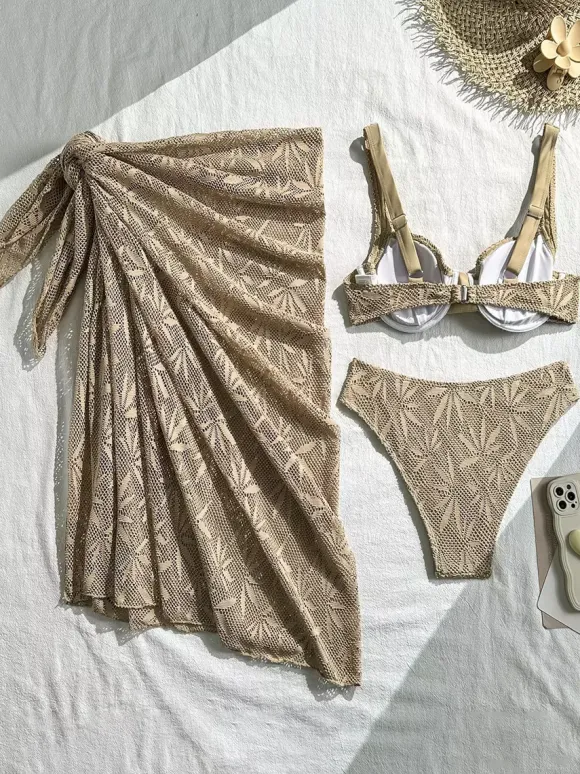 3-Piece Leaf Crochet Lace Bikini With Sarong Wrap Skirt