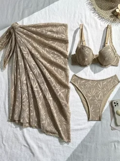 3-Piece Leaf Crochet Lace Bikini With Sarong Wrap Skirt