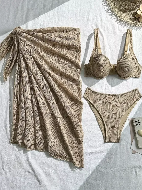 3-Piece Leaf Crochet Lace Bikini With Sarong Wrap Skirt