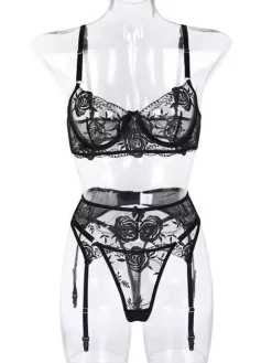 3-Piece Lingerie Embroidered Black Women Bra Panty Set