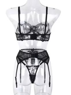 3-Piece Lingerie Embroidered Black Women Bra Panty Set