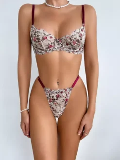 2-Piece Lingerie Floral Print Shaping Lace Red Bra Panty Sets