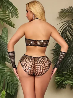 2-Piece Lingerie Rhinestones Black Sheer Crystal Fishnet Cut-Outs Bikini Bra Panty Sets