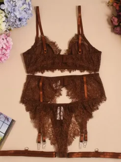 4-Piece Lingerie Set Sheer Lace Coffee Brown Bra Panty Garter Sets