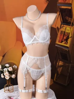 4-Piece Lingerie Set Sheer Lace Coffee Brown Bra Panty Garter Sets