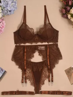 4-Piece Lingerie Set Sheer Lace Coffee Brown Bra Panty Garter Sets