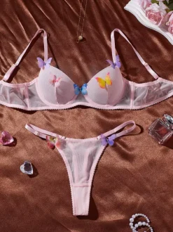 3-Piece Lingerie Sets Pink Butterfly Multicolor Lingerie Bra Panty Set