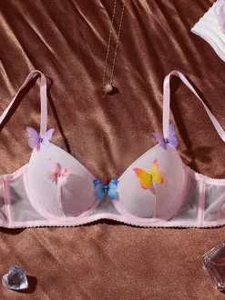 3-Piece Lingerie Sets Pink Butterfly Multicolor Lingerie Bra Panty Set