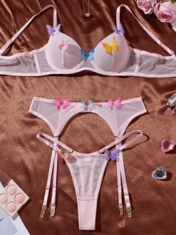 3-Piece Lingerie Sets Pink Butterfly Multicolor Lingerie Bra Panty Set