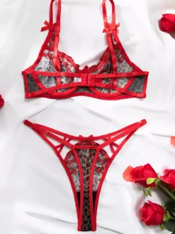 2-Piece Lingerie Sheer Red Leopard Print Bra Panty Sets