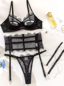 4-Piece Backless Lingerie Cut Out Sexy Black Adult's Bra Panty Corset Sets