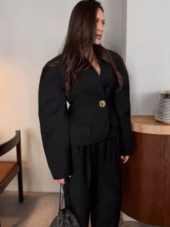 2 Piece Blazer Pant Suit Set Puff Sleeve Blazer Wide Leg Pants Women Formal 2 Piece Blazer Pant Suit Set