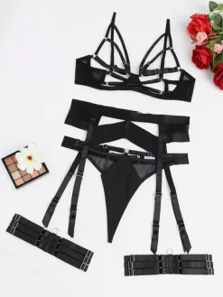 3-Piece Lingerie Black Cupless Bra Panty Garter Belt Sets