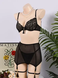 4-Piece Lingerie Set Embroidery Sheer Lace Black Bra Panty Sets