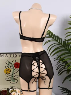 4-Piece Lingerie Set Embroidery Sheer Lace Black Bra Panty Sets