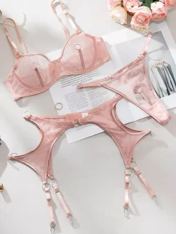 3-Piece Lingerie Sheer Blush Pink Bra Panty Sets With Garter Belt