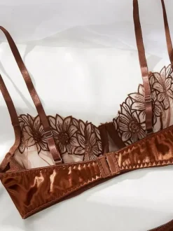 2-Piece Lingerie Sheer Lace Brown Sheer Mesh Underwire Bra Panty Sets