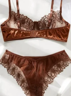 2-Piece Lingerie Sheer Lace Brown Sheer Mesh Underwire Bra Panty Sets