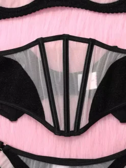 3-Piece Lingerie Two-Tone Sheer Black Geometric Mesh Bra Panty Sets