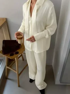2 Piece Outfit Set Collar Shirt Wide Leg Pants Soft Casual Women 2 Piece Outfit Set