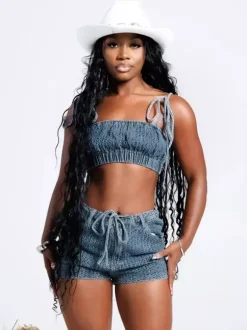 2-Piece Sets Pant Set Blue Sexy Street Wear Denim Straps Neck Sleeveless Sets