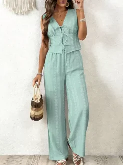 2-Piece Sets Pant Set Light Sky Blue Elegant Street Wear Lace Up V-Neck Sleeveless Sets