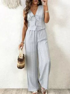 2-Piece Sets Pant Set Light Sky Blue Elegant Street Wear Lace Up V-Neck Sleeveless Sets