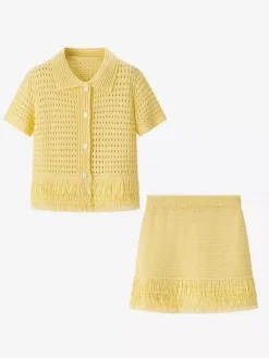 2-Piece Sets Women's Clothing Skirt Set White Elegant Fringe Turndown Long Sleeves Sets