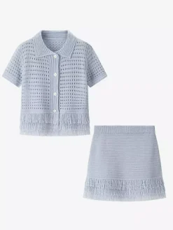 2-Piece Sets Women's Clothing Skirt Set White Elegant Fringe Turndown Long Sleeves Sets