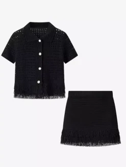 2-Piece Sets Women's Clothing Skirt Set White Elegant Fringe Turndown Long Sleeves Sets