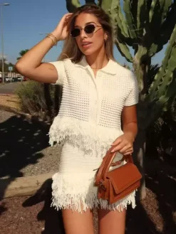 2-Piece Sets Women's Clothing Skirt Set White Elegant Fringe Turndown Long Sleeves Sets