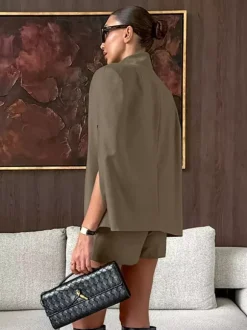 2 Piece Short Blazer Set Sleeveless Cape Vest Matching Shorts Women Suit 2 Piece Short Blazer Set