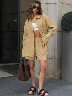 2 Piece Short Set Oversized Shirt Elastic Shorts Women Casual Lounge 2 Piece Short Set