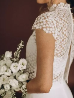 3 Piece Wedding Dress Lace Chiffon Illusion Neckline Zipper Short Sleeves