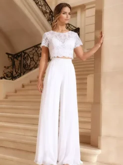 3 Piece Wedding Pant Suits for Bride Lace Chiffon Jewel Neck Zipper Short Sleeves Floor Length